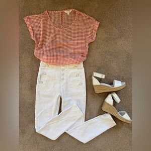 NEW Sheer Printed Chiffon Blouse NWOT Red Checkered White Plaid Gingham